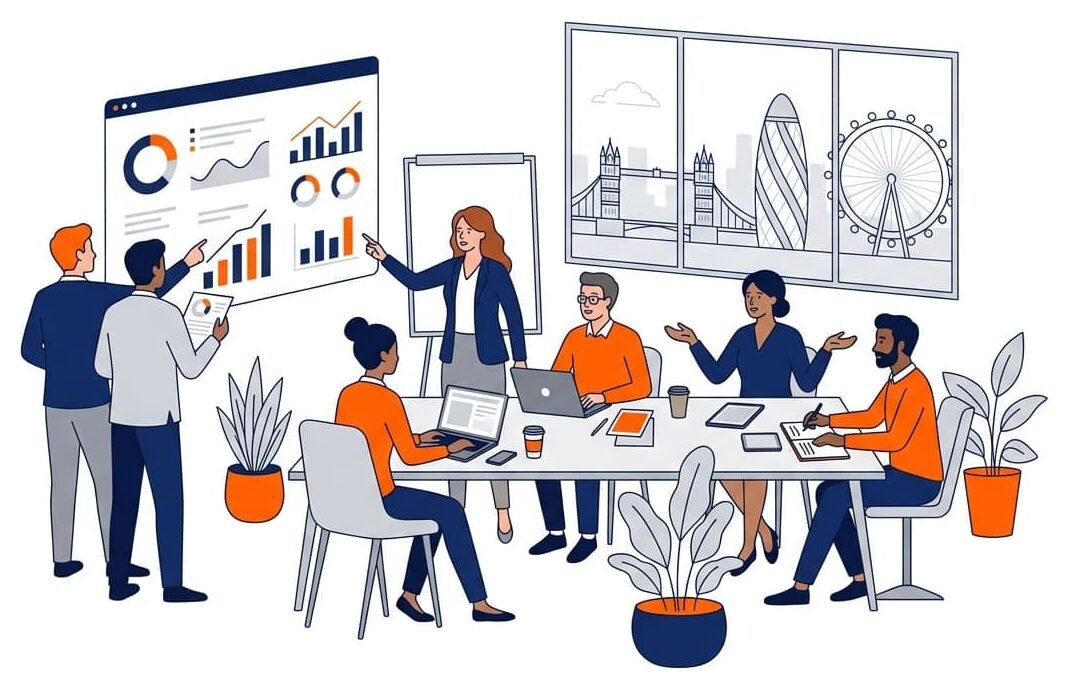 Modern vector illustration of digital strategists and web developers collaborating on analytics and project roadmaps in blue and orange