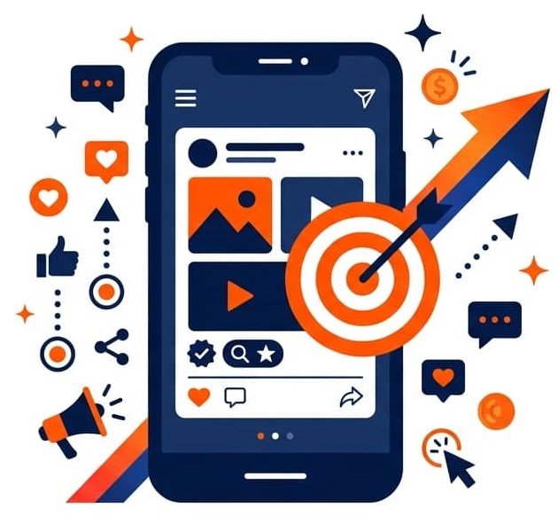 Modern vector illustration of a smartphone running social feed ads with an orange target bullseye and conversion arrow