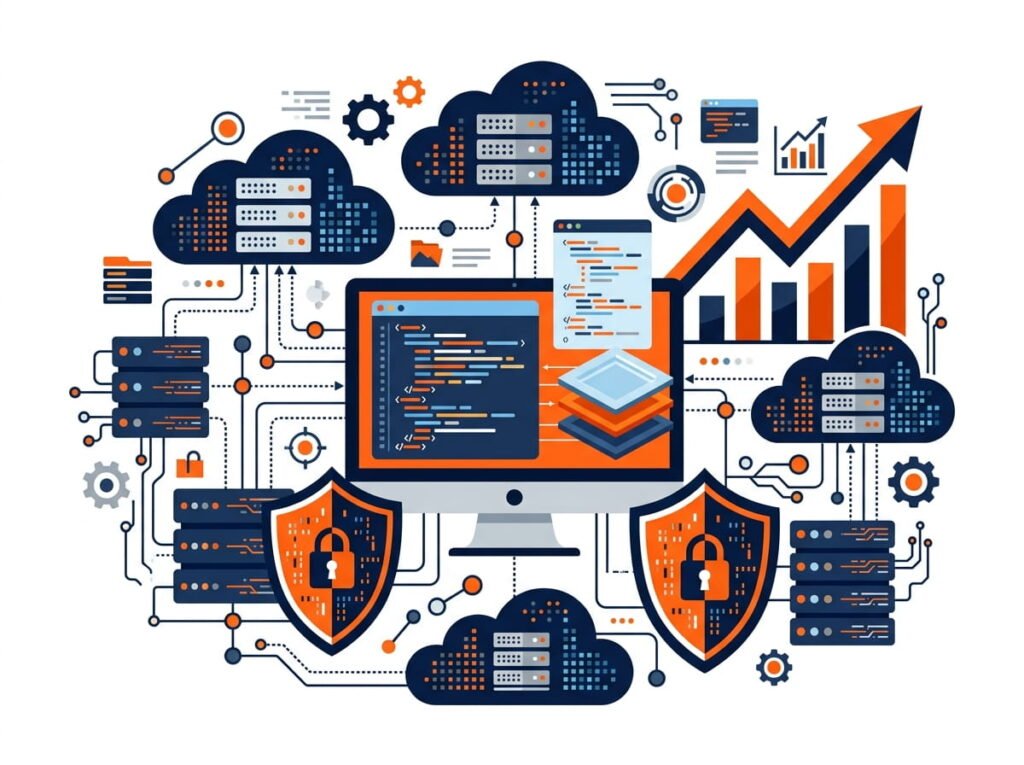 Flat vector illustration of modern web technology architecture featuring code monitors, cloud servers.