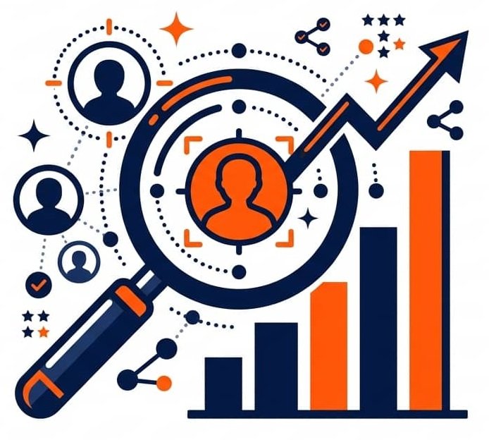 Flat vector graphic featuring a magnifying glass analyzing user profile avatars alongside a rising analytics bar chart in blue and orange