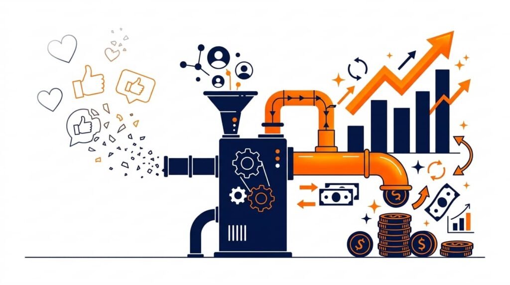 Conceptual vector diagram showing thumbs-up and heart likes entering a conversion machine and turning into sales revenue and profit growth